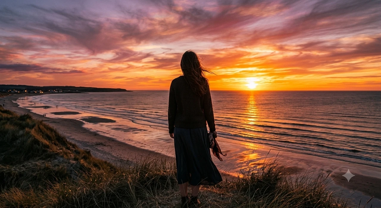 Une femme est debout de dos face à la mer devant un beau coucher de soleil