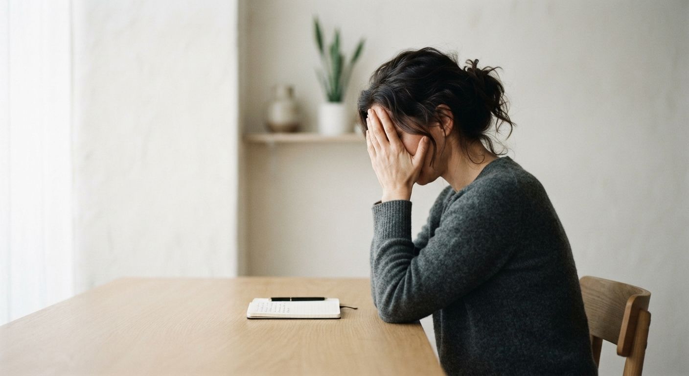 une femme en stress assise à son bureau mets ses mains sur ses yeux