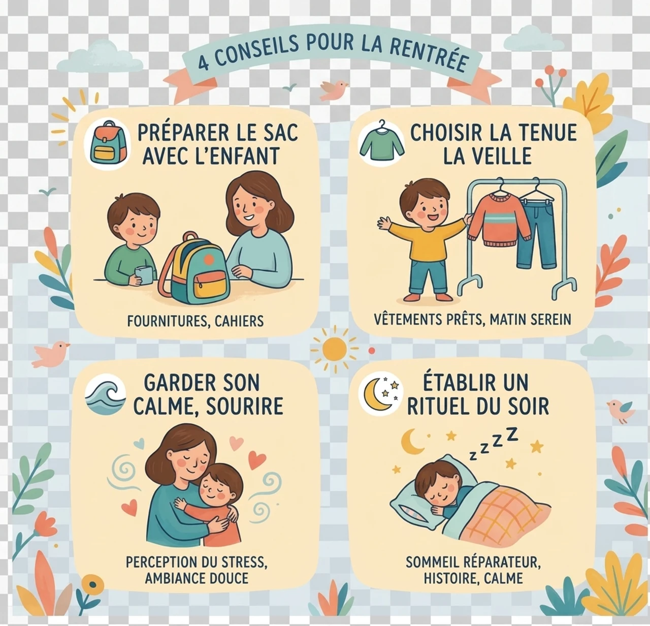 Mini infographie une maman qui rassure son enfant avant la rentrée