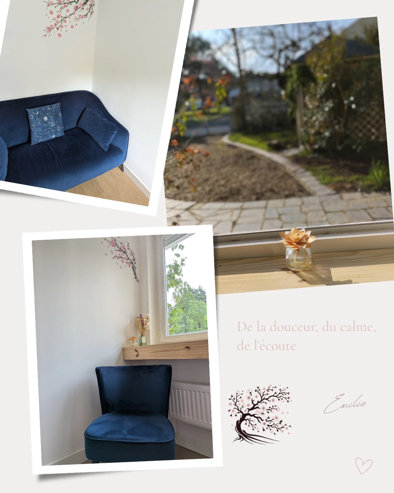 différentes photos de l'intérieur du cabinet d'Emilie Bochereau, Sophrologue et Magnétiseuse à Mûrs-Érigné