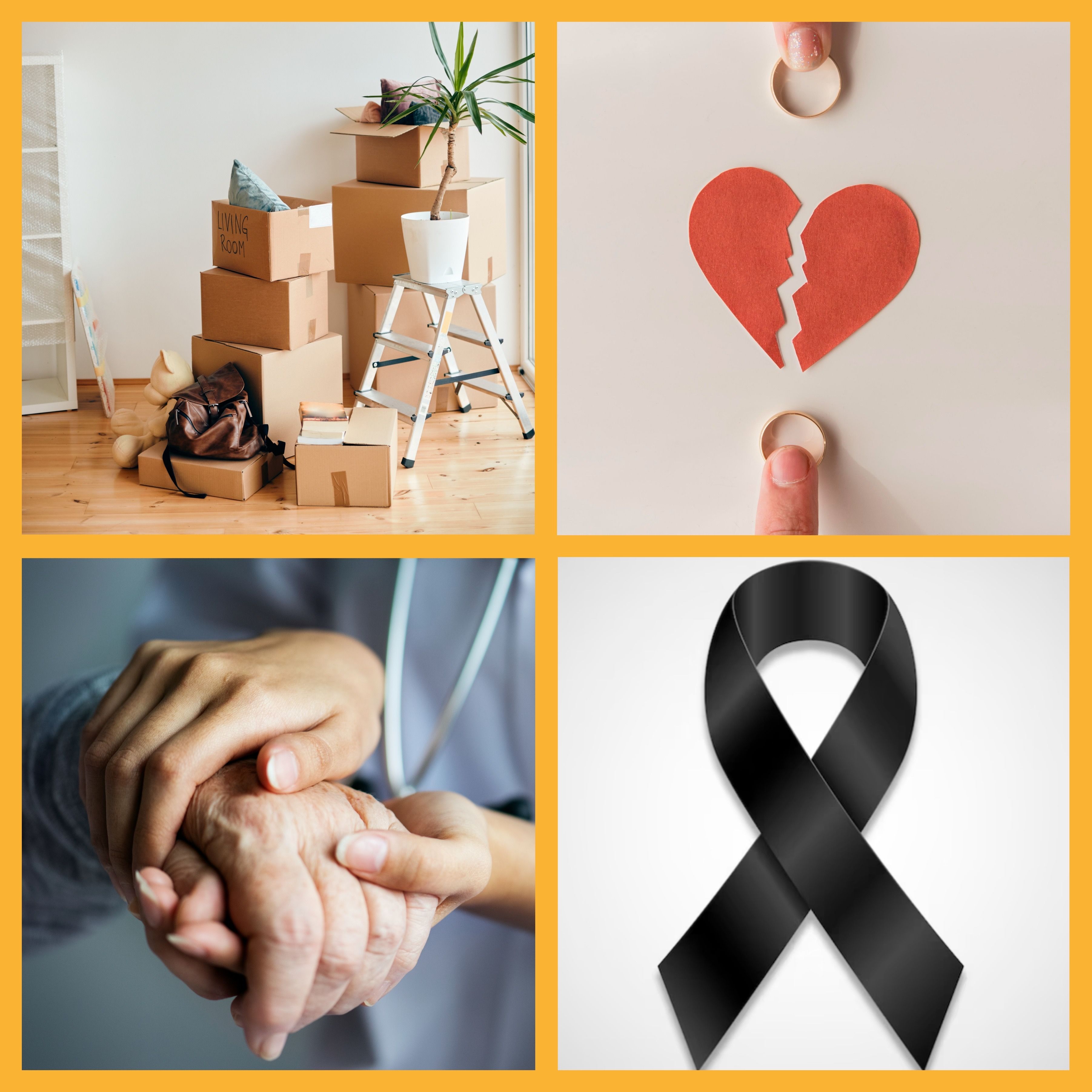 4 images montrant des cartons de déménagement, un coeur brisé et des alliances qui s'éloignent, la main d'une peronne dans les mains d'un soignant, un ruban noir signe de deuil