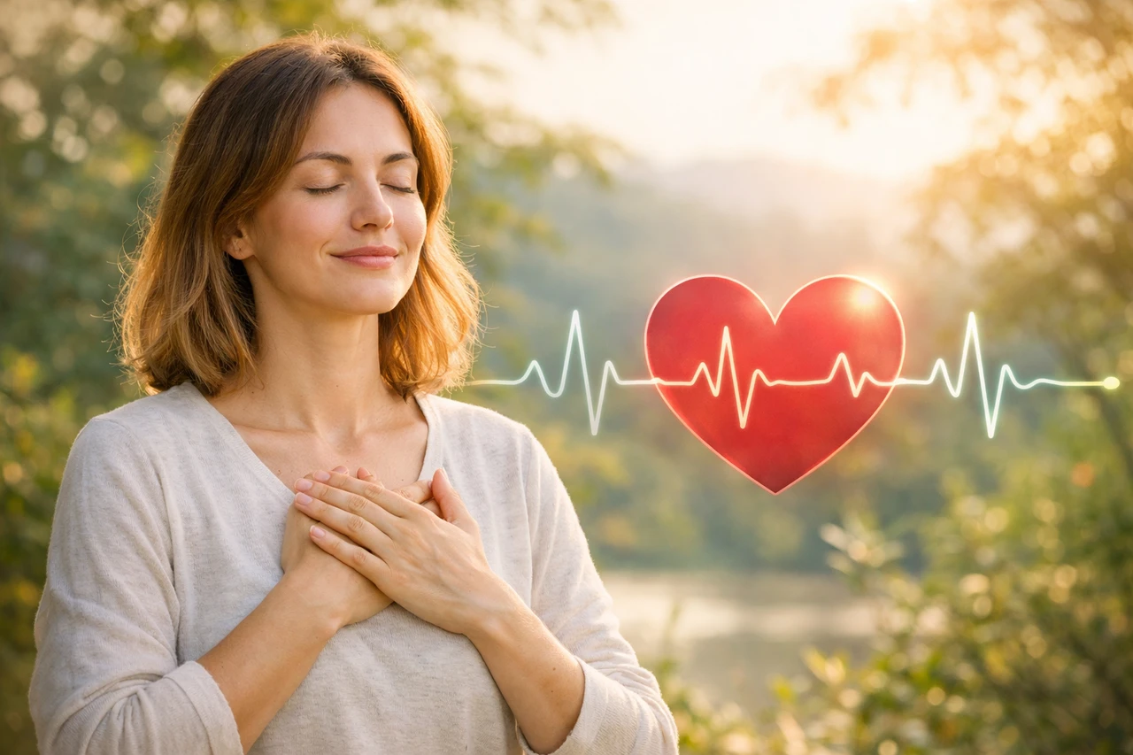 Image illustrant la pratique de la cohérence cardiaque : une femme respire calmement en extérieur, les mains sur le cœur, symbolisant la régulation du stress, l’apaisement émotionnel et l’équilibre entre le corps et l’esprit grâce à la respiration conscien