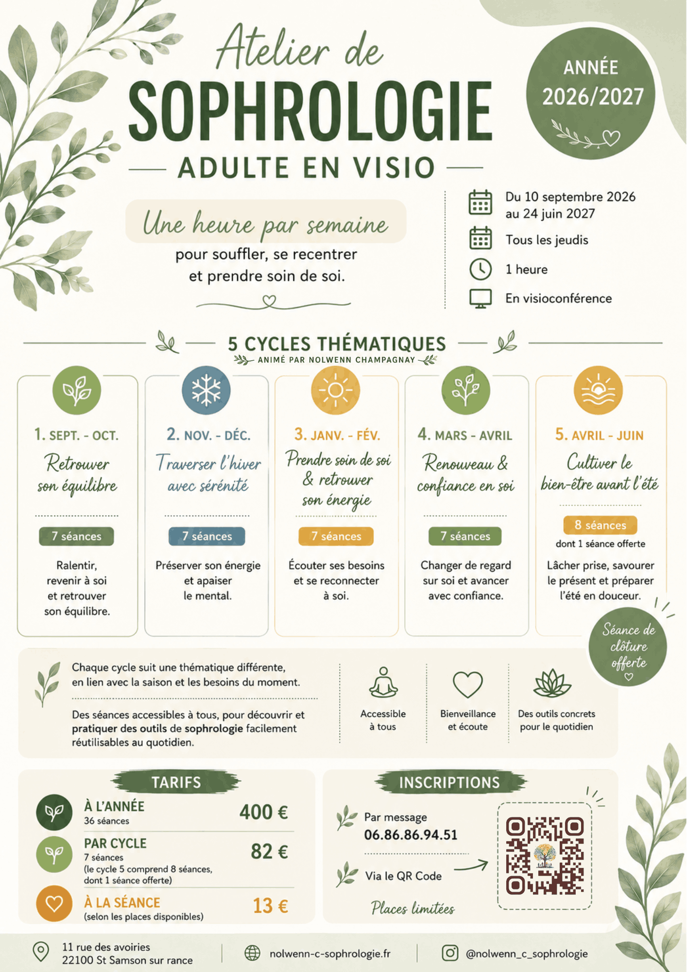 Programme Ateliers de sophrologie adultes en visioconférence 2026-2027