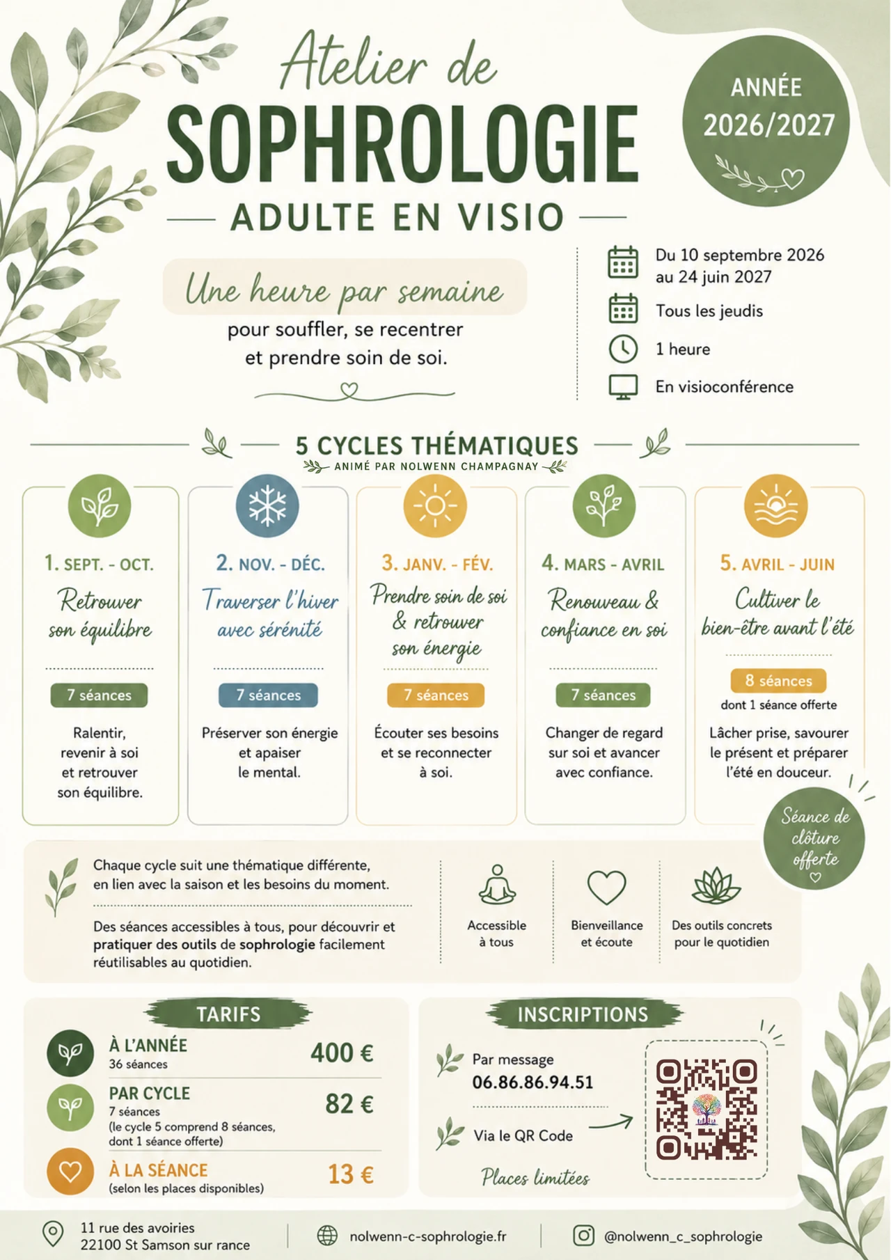 Programme Ateliers de sophrologie adultes en visioconférence 2026-2027