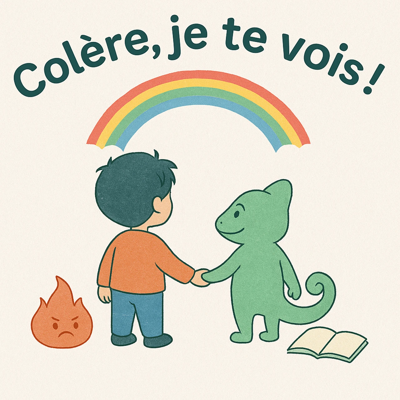 alt=Enfant souriant tenant un dessin représentant un volcan apaisé, symbolisant la gestion des émotions par la sophrologie