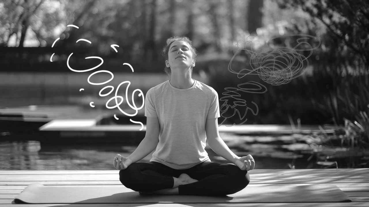 Femme en position du lotus en pleine nature, évacuant le stress – illustration du lâcher-prise grâce à la sophrologie.