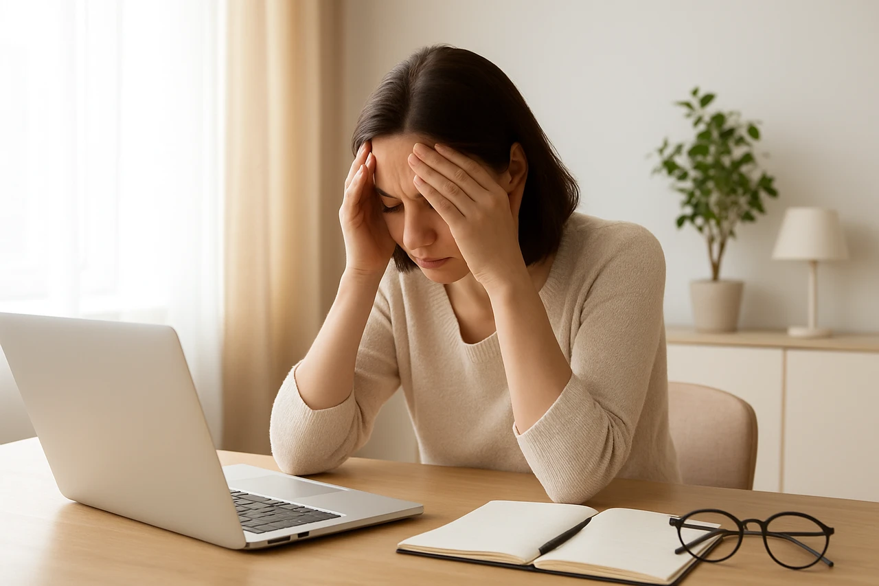 Une femme en train de travailler devant son ordinateur se tenant la tête entre les mains pour représenter les symptômes du burn-out.