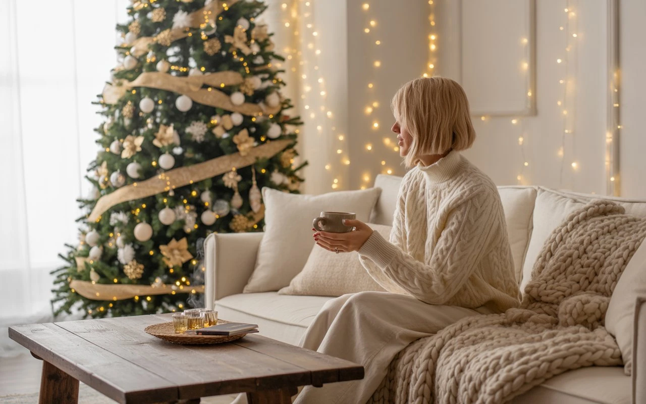 Scène de Noël chaleureuse avec un sapin décoré blanc, beige et or, une personne en pull d’hiver assise confortablement sur le canapé, ambiance cosy et apaisante.
