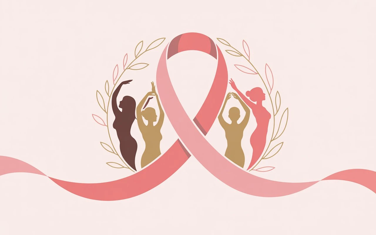 Illustration minimaliste pour Octobre Rose, le Mois de la Sensibilisation au Cancer du Sein avec un ruban rose central, silhouettes féminines stylisées et palette douce blanc, beige, or et rose, symbolisant force, espoir et solidarité.