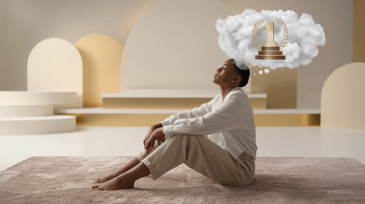 Personne assise par terre et détendue, visualisant le chiffre 1 dans un nuage, représentant la préparation mentale et sa réussite face aux défis