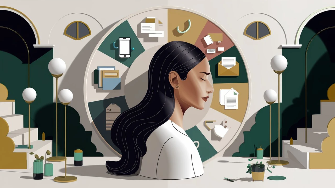 Illustration d'une femme de profil, entourée d'une grande roue divisée en segments, chacun symbolisant une pensée ou une préoccupation. Cette image évoque le concept de la charge mentale, souvent liée à la gestion des tâches quotidiennes, de la famille et