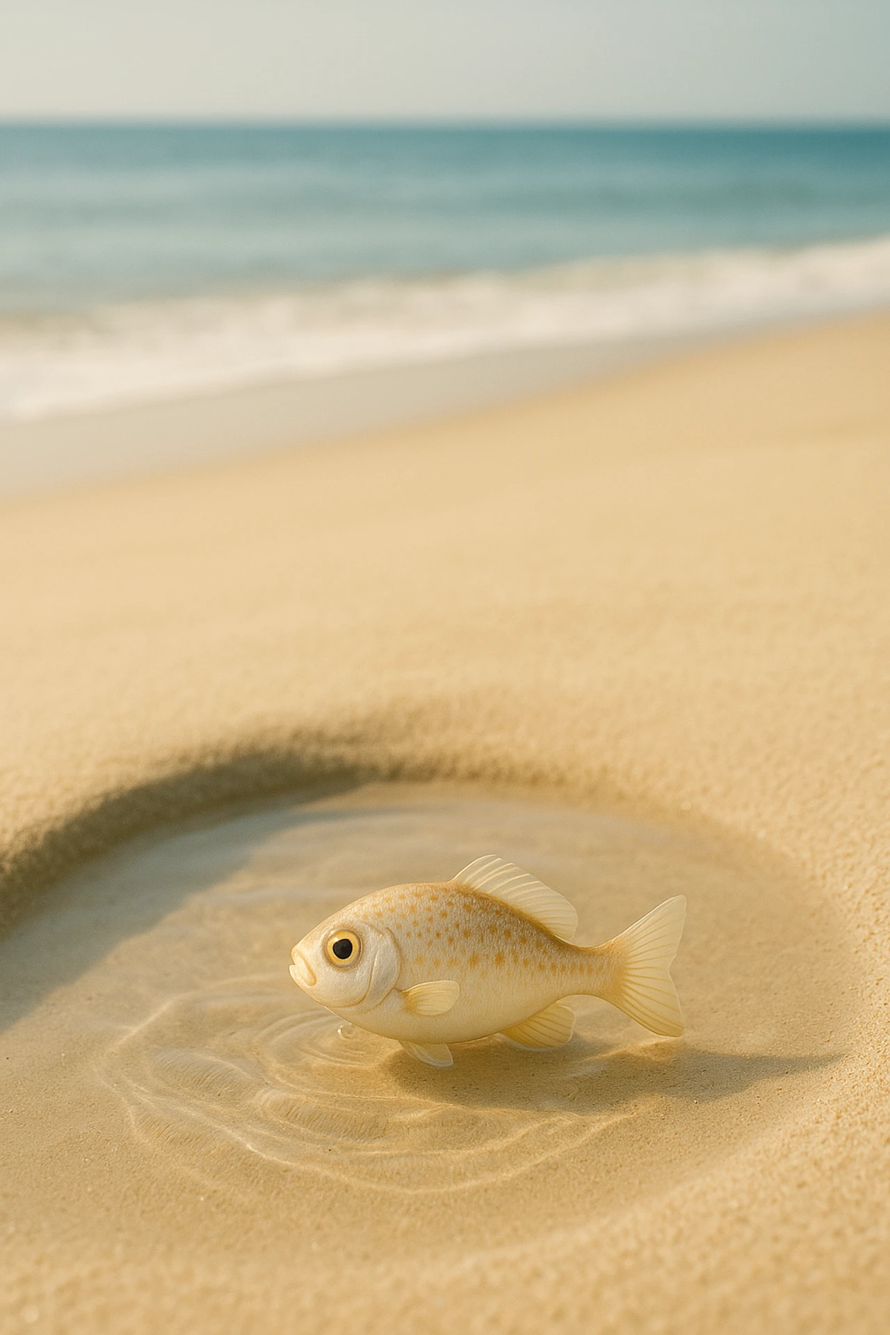 Poisson dans une flaque d'eau sur le sable d'une plage ne voyant pas l'océan qui l'attend, symbolisant la zone de confort et les croyances limitantes.