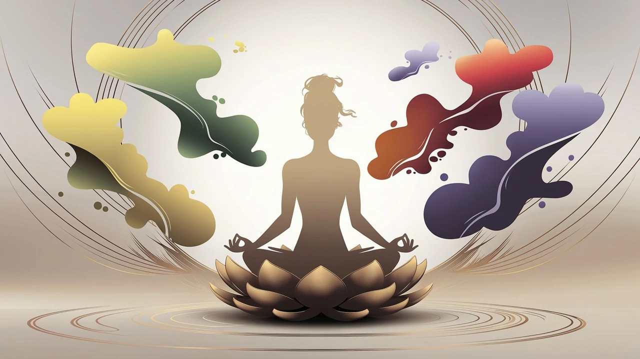 Illustration d'une femme en position du lotus, entourée de nuages colorés représentant différentes émotions. Chaque nuage, dans une teinte distincte, symbolise une émotion particulière, illustrant l'équilibre et la gestion émotionnelle à travers la sophrol