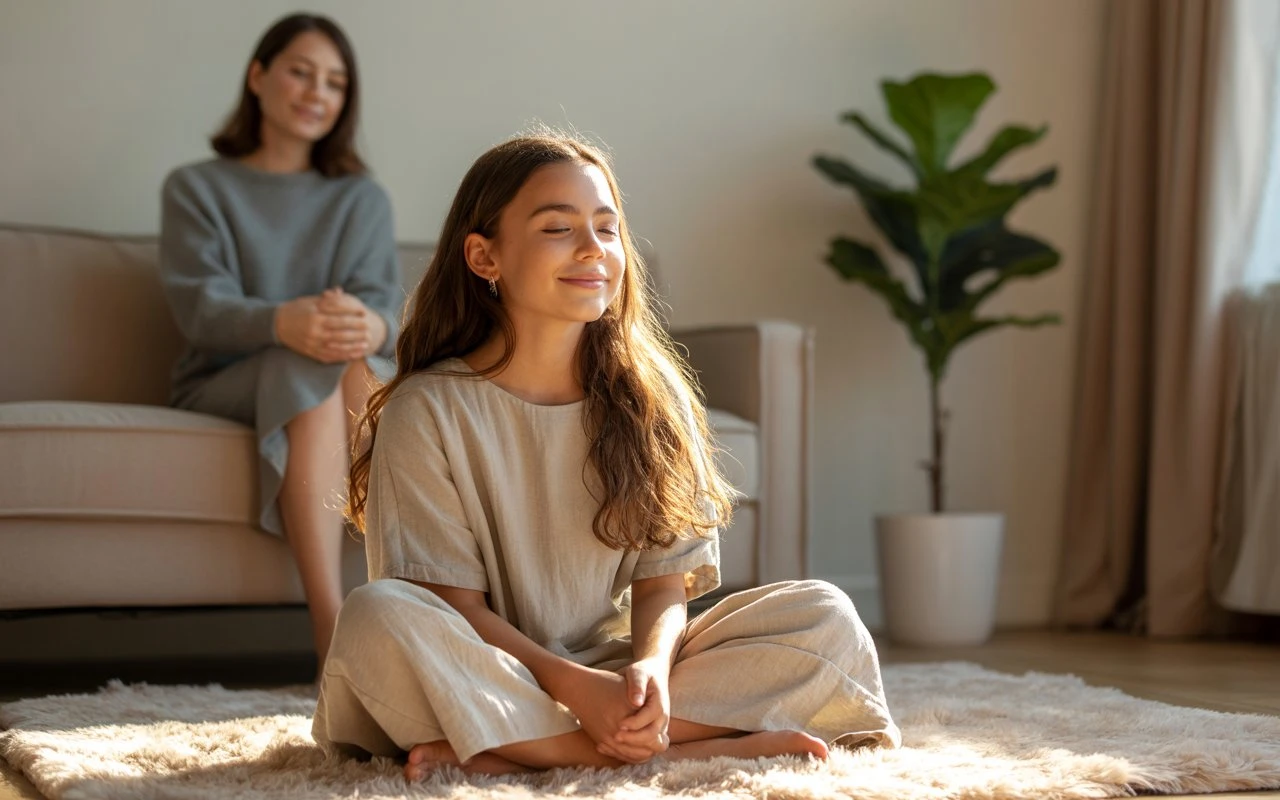 Adolescente sereine pratiquant la sophrologie dans un espace lumineux, accompagnée discrètement par un parent, symbolisant la confiance, le bien-être et le soutien familial.