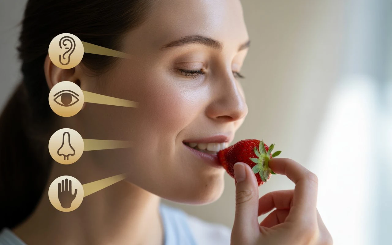 Photo immersive en gros plan d’une personne prenant une bouchée lentement avec attention, affichant une expression de plaisir et de concentration. En arrière-plan flou, des icônes discrètes symbolisent les cinq sens : une oreille pour l’ouïe, un œil pour l