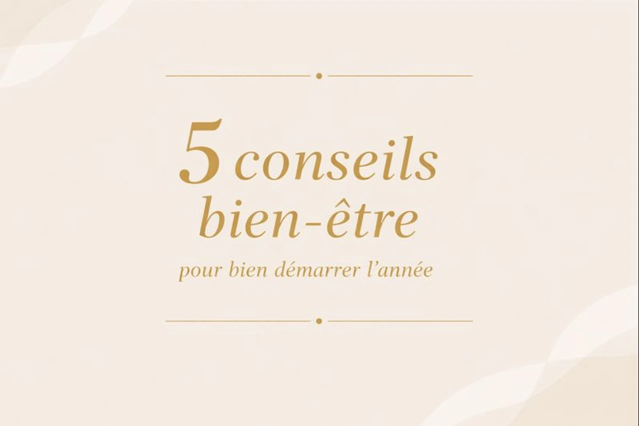 Image élégante et minimaliste sur le bien-être mental et la nouvelle année. Texte centré : « 5 conseils bien-être pour bien démarrer l’année » en couleur or sur fond beige clair avec éléments décoratifs blancs subtils.