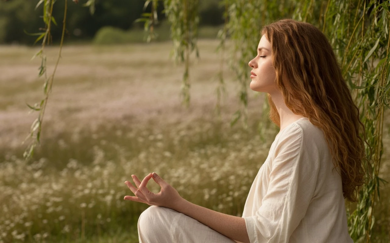 Femme assise à l’ombre d’un arbre en été, pratiquant la relaxation dans un cadre naturel et apaisant. Lumière douce, palette élégante beige, blanc et or, atmosphère de fraîcheur et de bien-être.