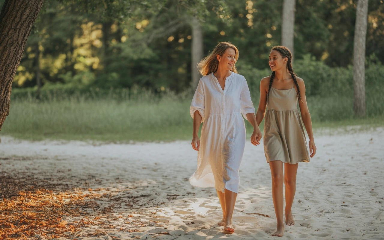 Digital detox en été : une mère et sa fille adolescente marchent pieds nus en pleine nature, sans téléphone, dans une lumière dorée apaisante — moment de bien-être, sophrologie, reconnexion à soi et à la nature.