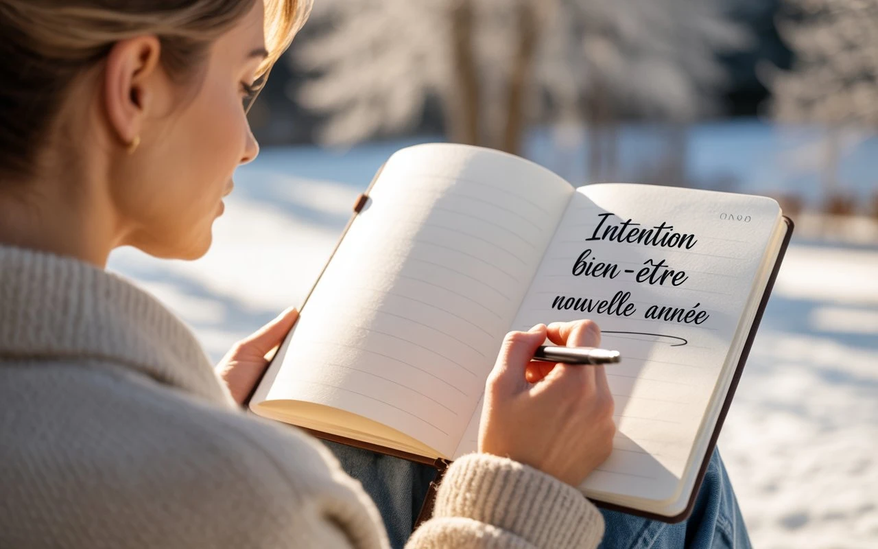 Personne écrivant dans un carnet les mots "intention", "bien-être" et "Nouvelle Année", vue depuis l’épaule. Lumière hivernale douce illuminant la scène, avec en arrière-plan un chemin flou dans la nature, arbres nus et léger givre. Palette de couleurs bla