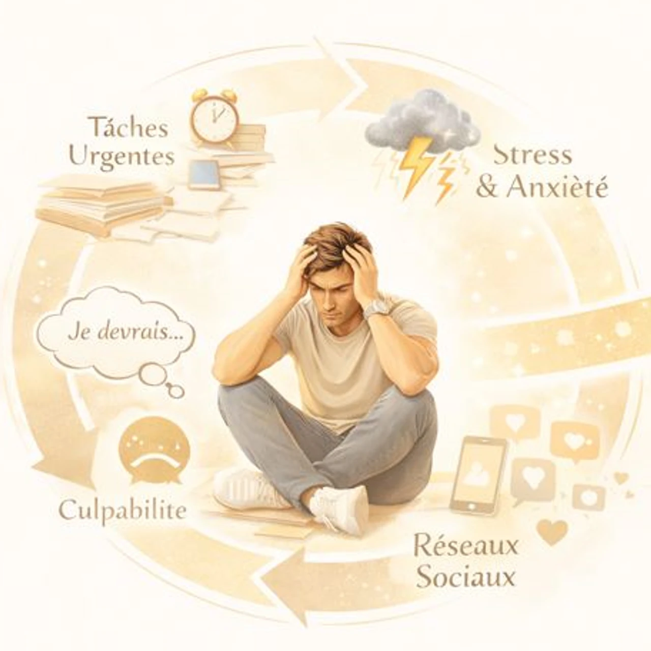 Illustration élégante de la procrastination : cercle des tâches, stress, réseaux sociaux et culpabilité, personnage au centre, style lumineux et raffiné