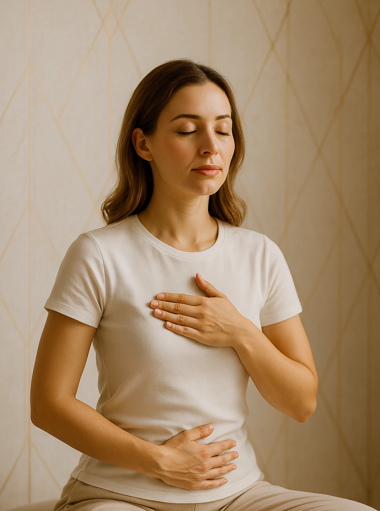 Femme assise sereinement en train de pratiquer la respiration abdominale