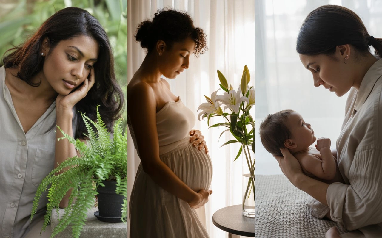 Trois femmes illustrant les étapes de la maternité — réflexion avant grossesse, grossesse sereine, lien avec bébé — dans un style naturel et apaisant, accompagnées par la sophrologie.