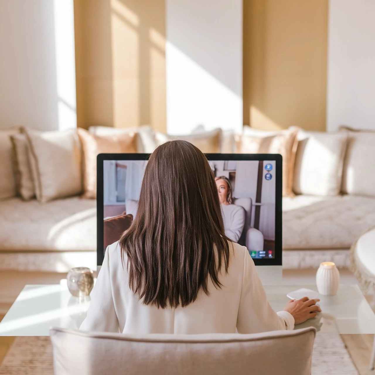 Sophrologue en séance de sophrologie en visioconférence avec sa cliente à distance, illustrant la flexibilité des consultations en ligne.