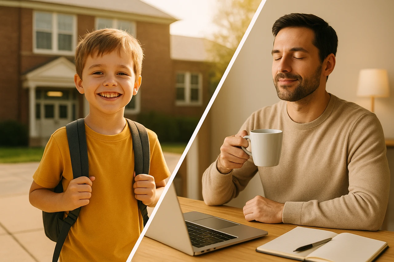 Image photoréaliste haute résolution : enfant souriant à l’école et adulte détendu au bureau, illustrant rentrée scolaire, productivité et bien-être.