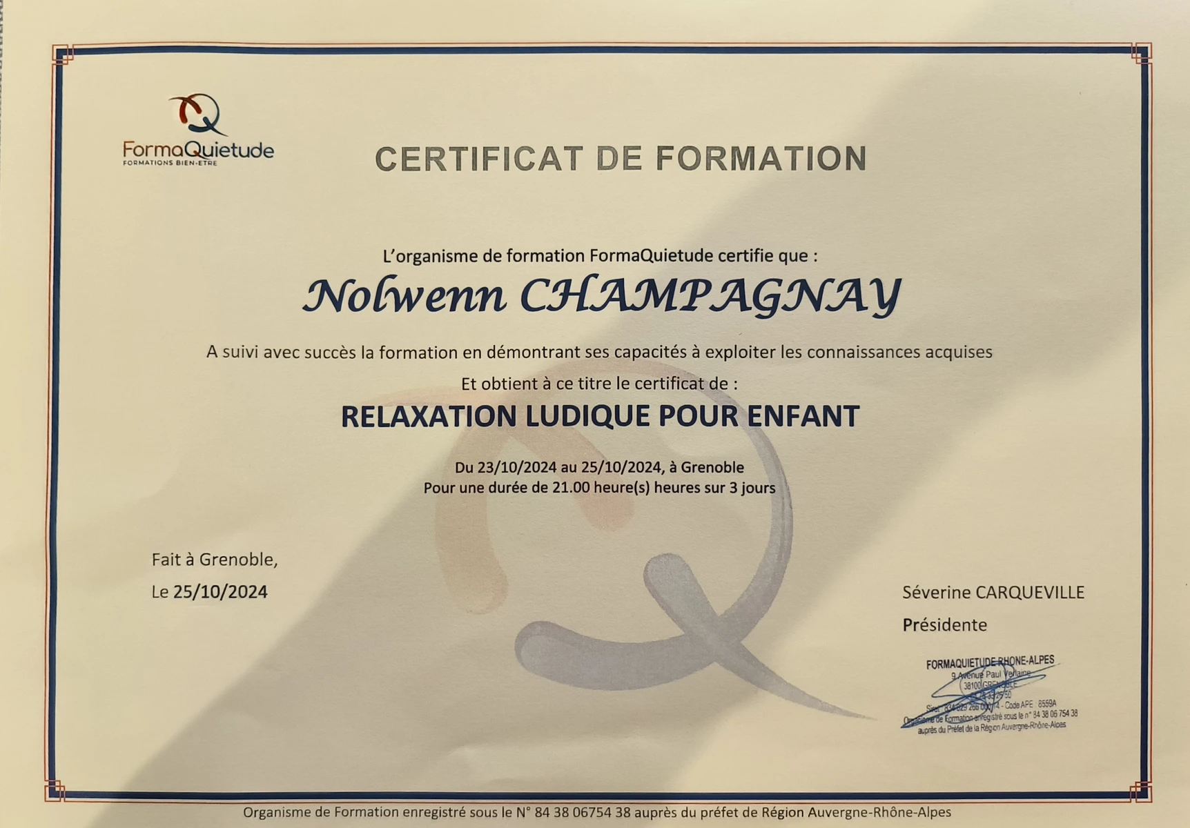 Certificat de formation relaxation ludique