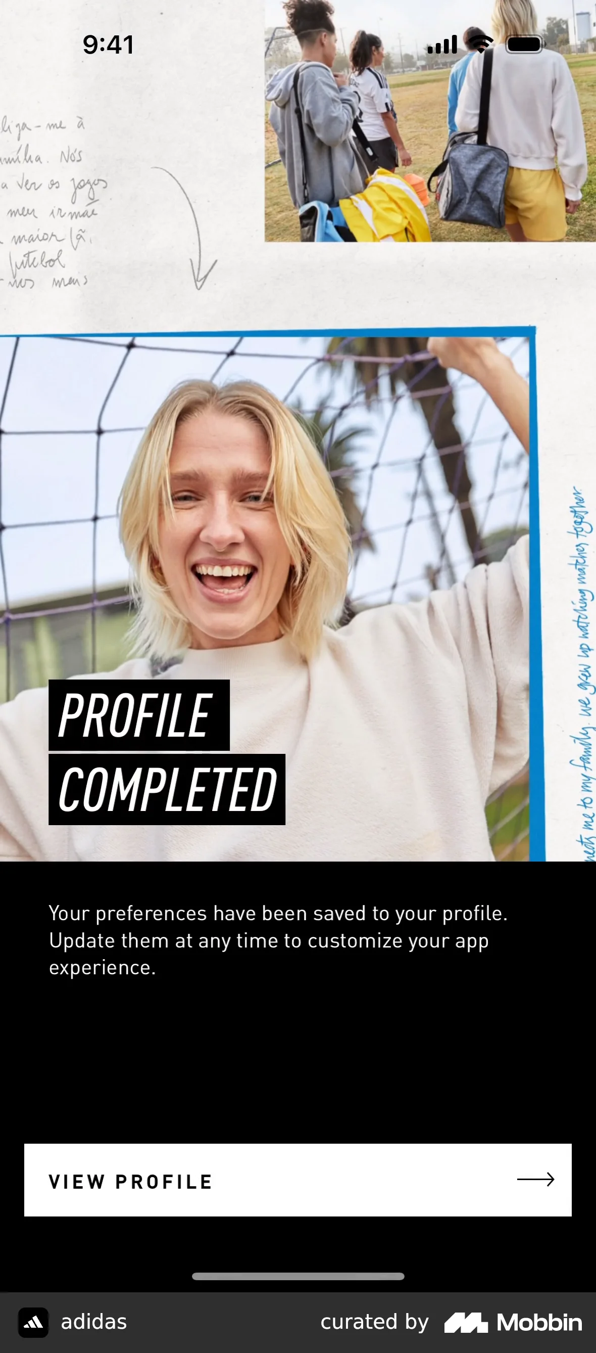 adidas Completing profile screen