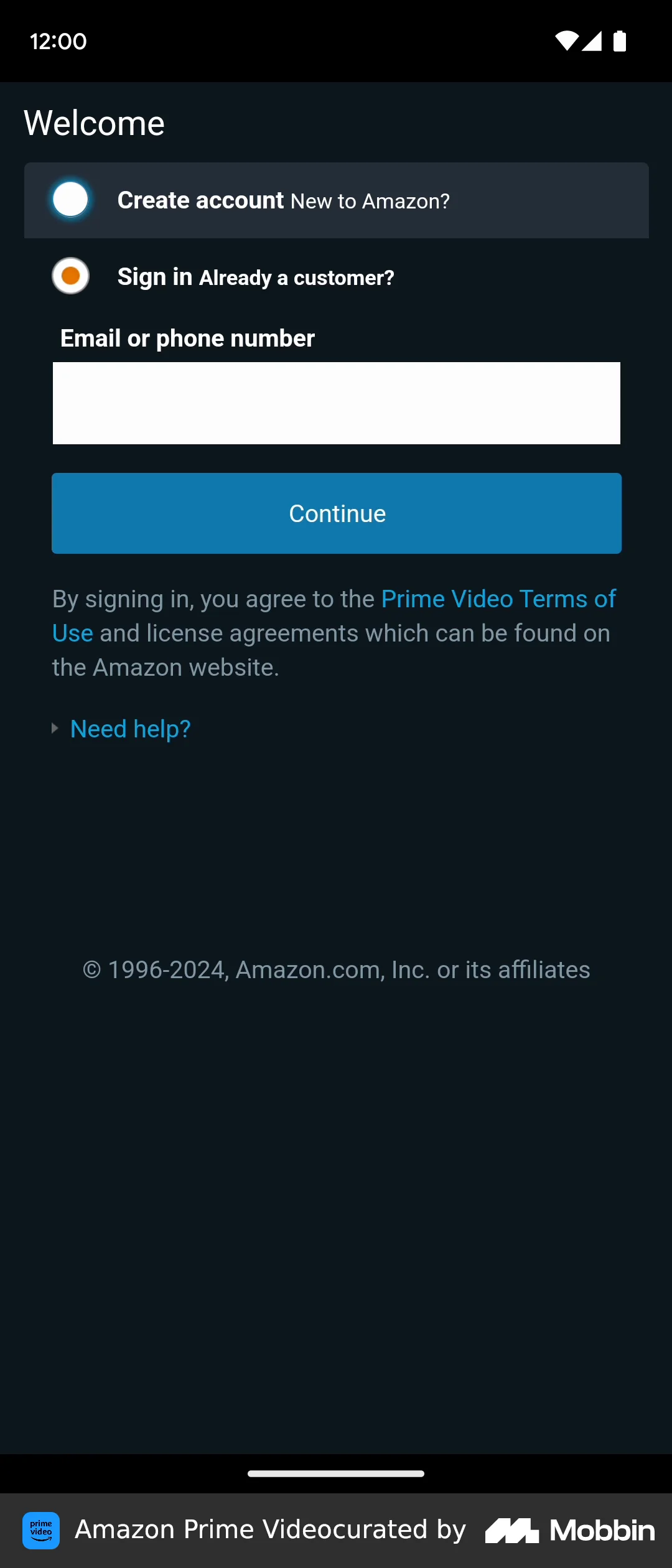 Amazon Prime Video Onboarding screen