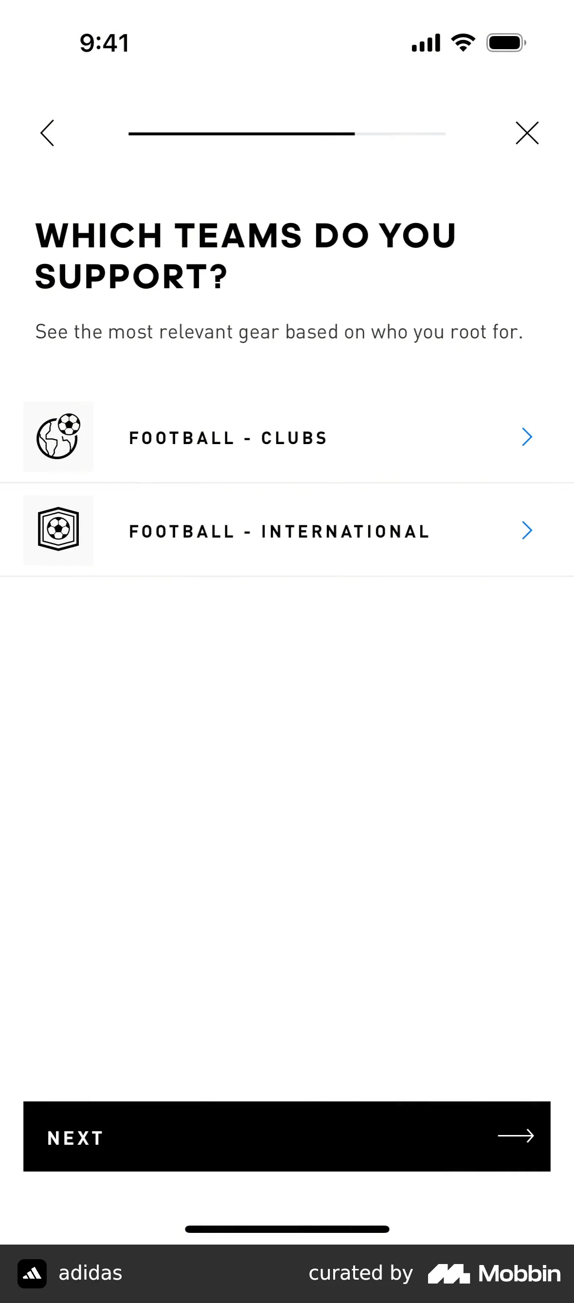 adidas Completing profile screen