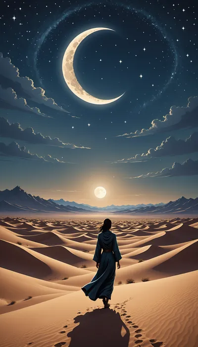 Eternal Bond: Layla and Majnun's Love Under the Moonlit Desert Sky