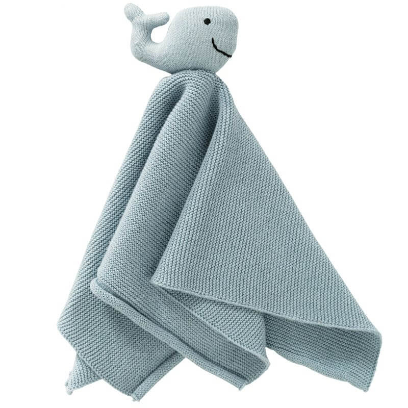 Doudou Baleine en coton bio, tricot point mousse