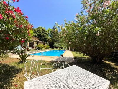 Large swimming pool in a green setting