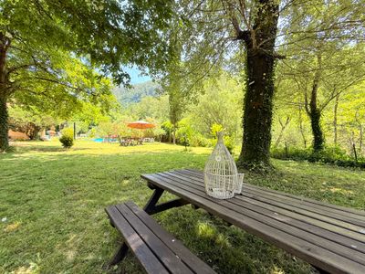 Large swimming pool in a green setting
