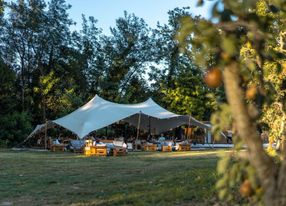 Restaurant installed under a tent in a pear orchard in Avignon