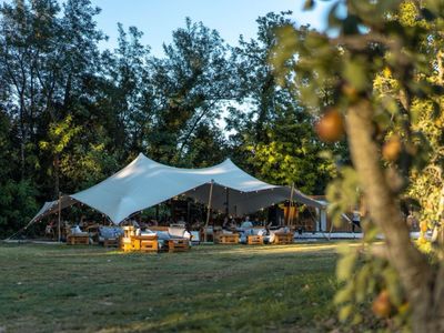 Restaurant installed under a tent in a pear orchard in Avignon