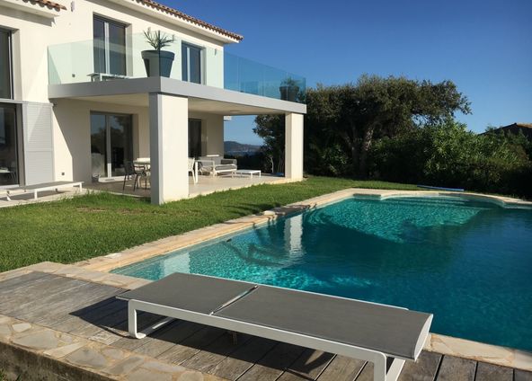 Sheltered terrace with sea, garden and swimming pool views