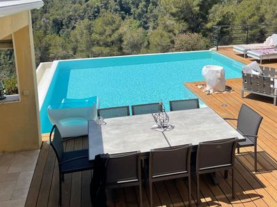 Mountain view terrace with infinity pool not overlooked