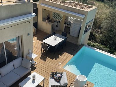 Mountain view terrace with infinity pool not overlooked