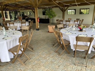 Reception area with a large park