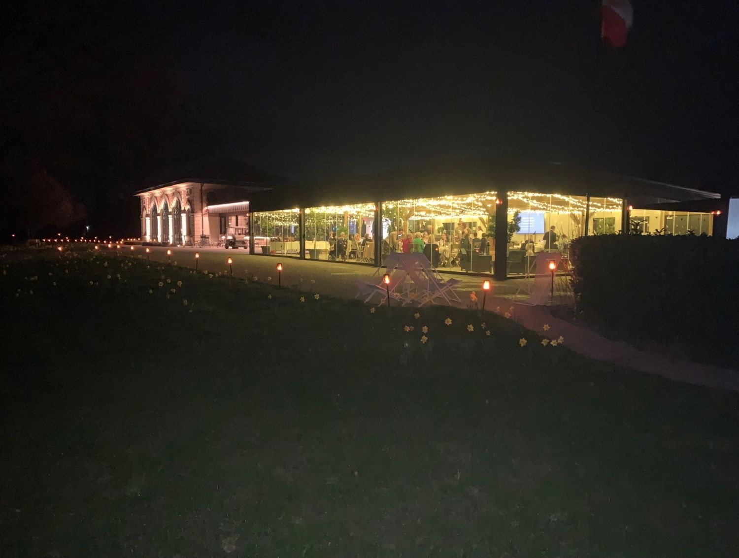 Reception area with a large park