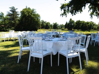 Reception area with a large park
