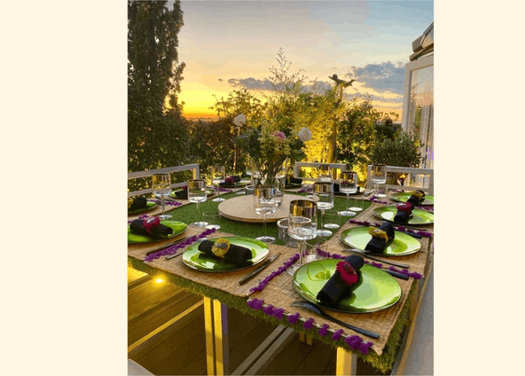 Paris terrace with Arc de Triomphe and Eiffel Tower sky view 