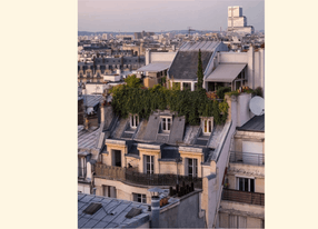 Paris terrace with Arc de Triomphe and Eiffel Tower sky view 