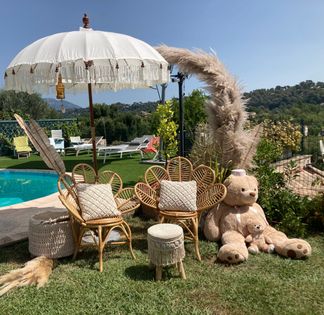 Garden with swimming pool and view of St Paul and the hills of Vence