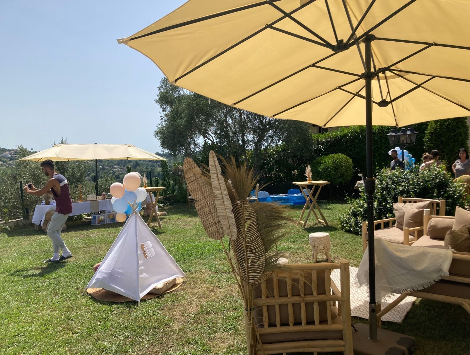 Garden with swimming pool and view of St Paul and the hills of Vence