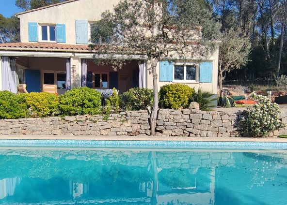 House with swimming pool in the middle of a pine forest