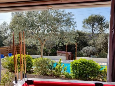 House with swimming pool in the middle of a pine forest